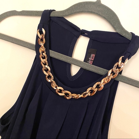 Dressy blue tank top with gold chain neckline - Picture 1 of 4